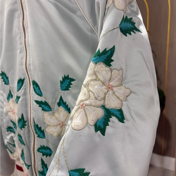 Anthropologie White and Green Embroidered Bomber Jacket - Picture 3 of 4